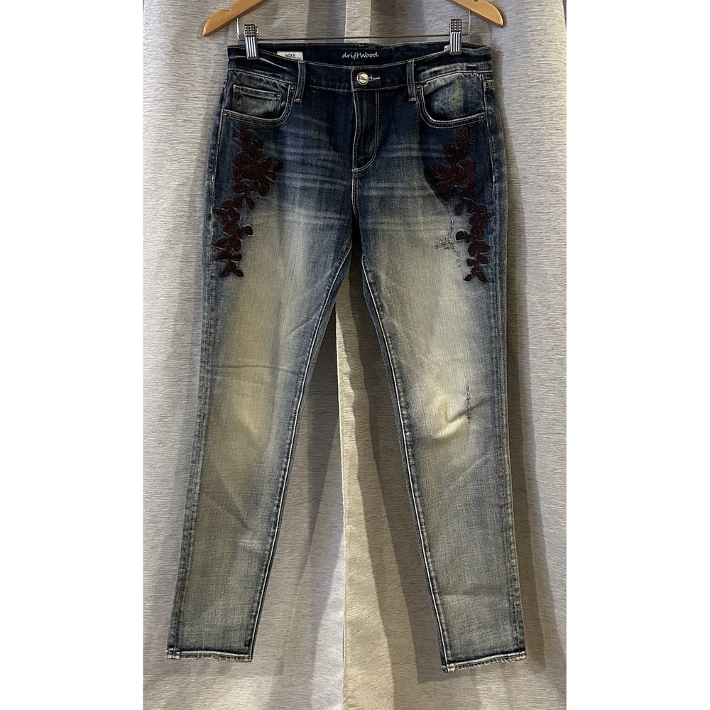 Driftwood Jeans Women 27 Blue Jackie High Rise Embroidered Floral Denim Stretch